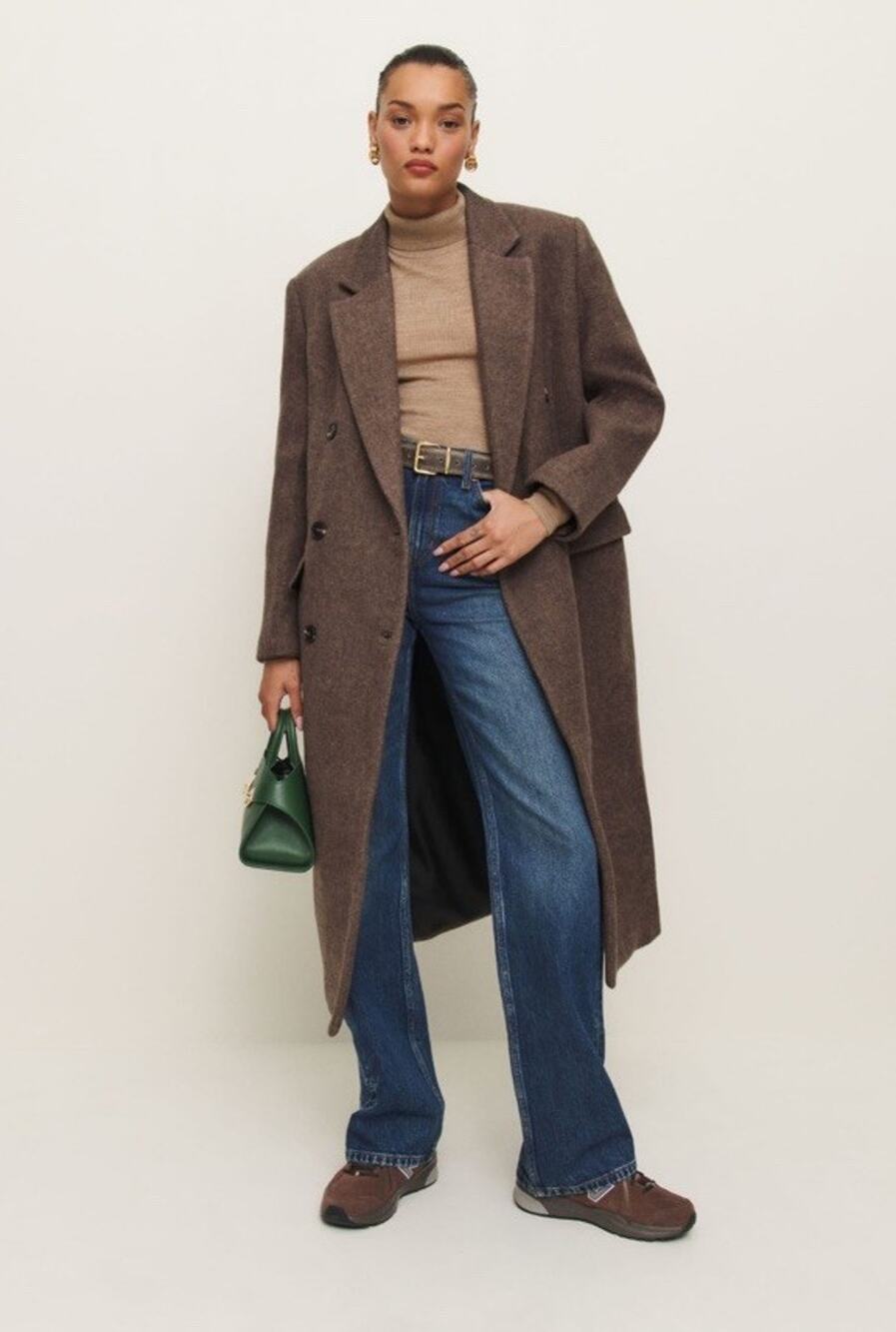 Reformation Wool Blend Coat XS Brown Double Breasted Unlined Long